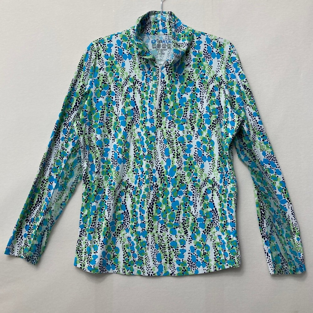IBKUL Sun Shirt XL Blue Green Abstract UPF 50 Quarter Zip Performance Golf